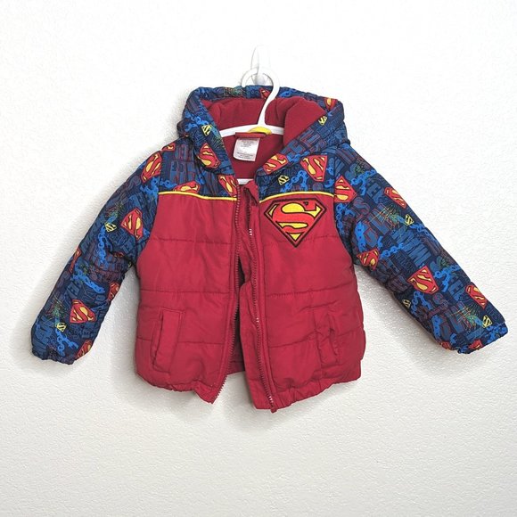 Superman Hooded & Fleece Lined Winter Jacket Bright & Colorful w/Logos (2T) - Picture 1 of 10